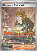 Trading card featuring a character named Clemont's Quick Wit with a workshop background.