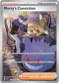 Pokémon trading card featuring a character and a ghost-type creature at a table.