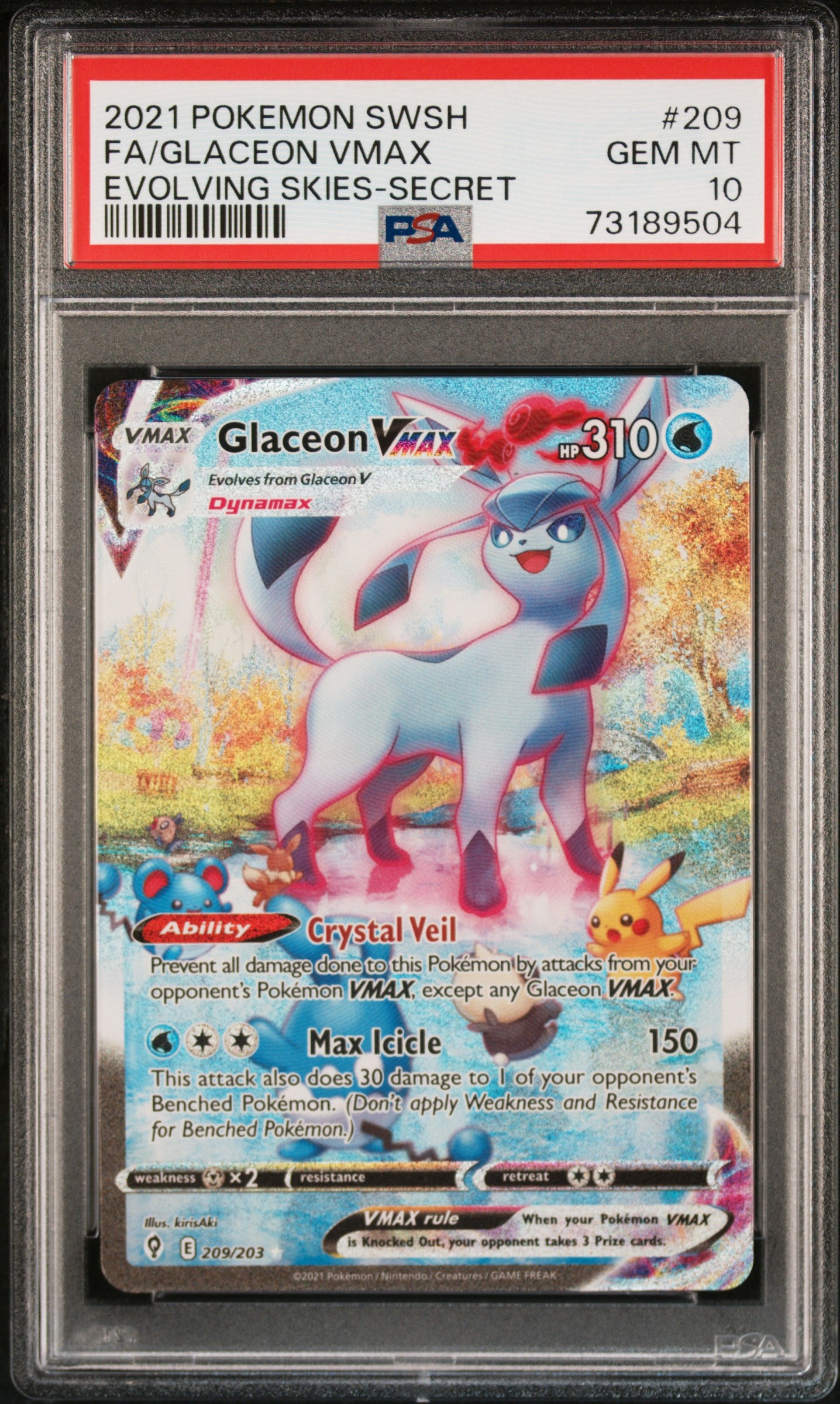 Glaceon VMAX PSA 10 - Evolving Skies - Cert 73189504 Front