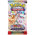 Pokémon Trading Card Game Scizor & Violet Prismatic Evolutions booster pack packaging, featuring Eevee and a white icy dragon on a colorful geometric background.