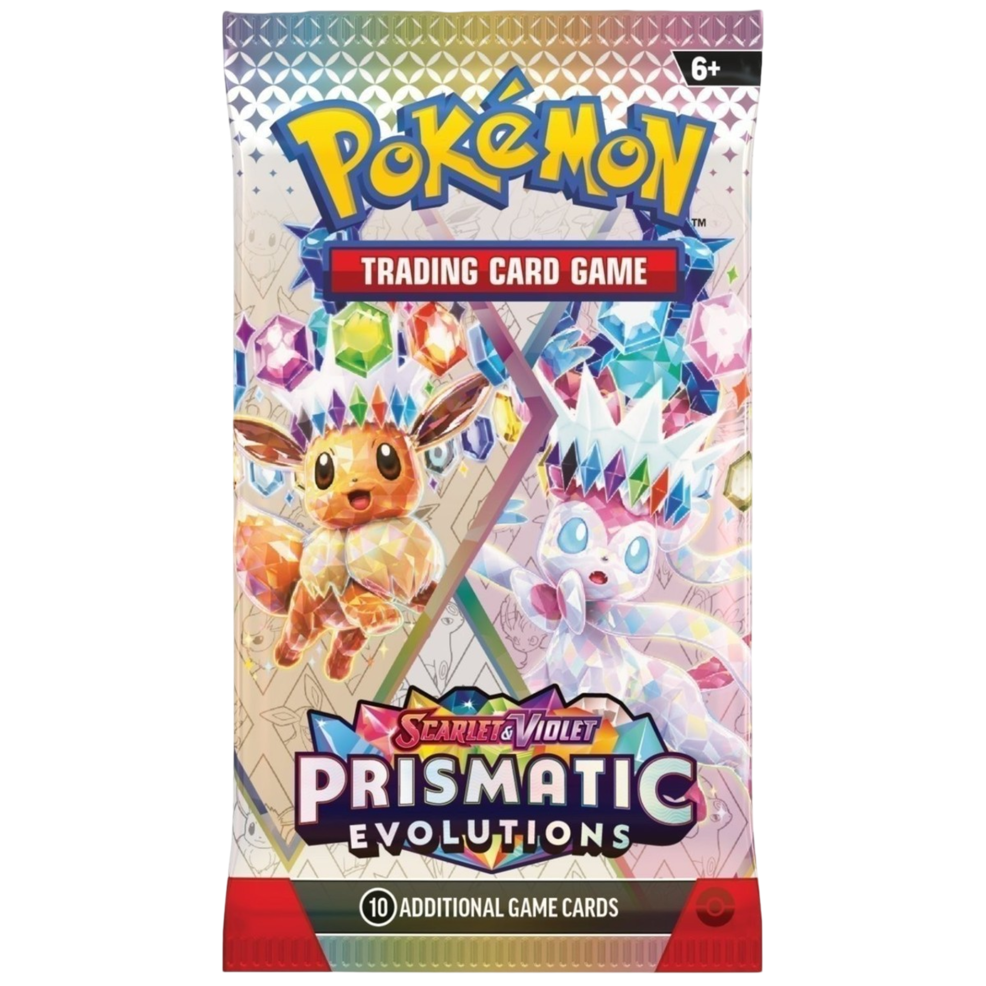 Pokémon Trading Card Game Scizor & Violet Prismatic Evolutions booster pack packaging, featuring Eevee and a white icy dragon on a colorful geometric background.
